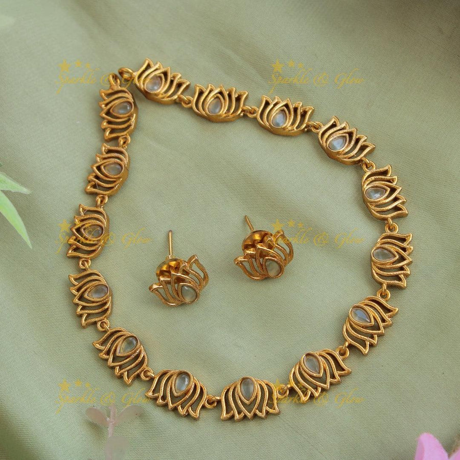 Elegant Premium Matt Lotus design Short Necklace stones pearls - white - Sparkle and Glow