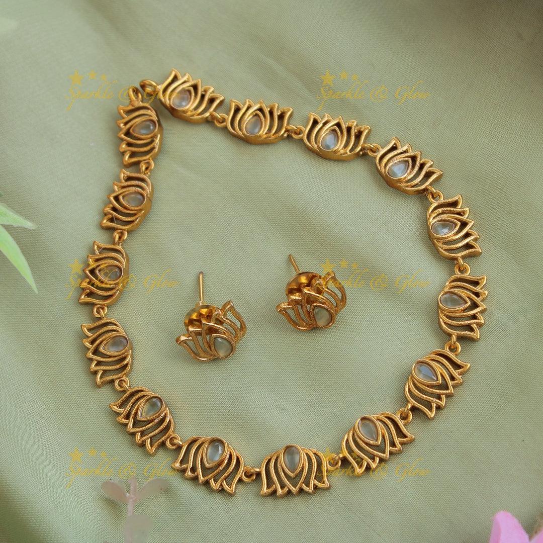 Elegant Premium Matt Lotus design Short Necklace stones pearls - white - Sparkle and Glow