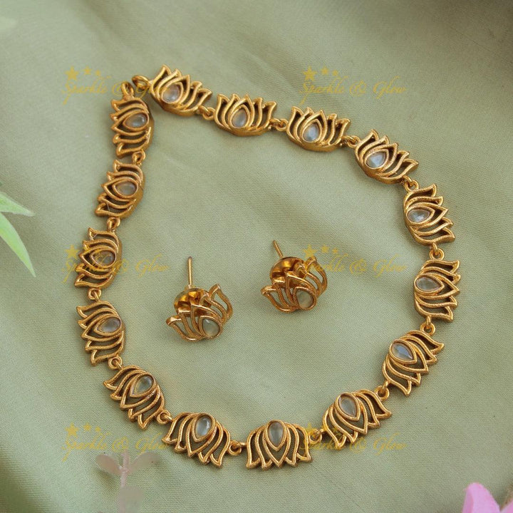 Elegant Premium Matt Lotus design Short Necklace stones pearls - white - Sparkle and Glow