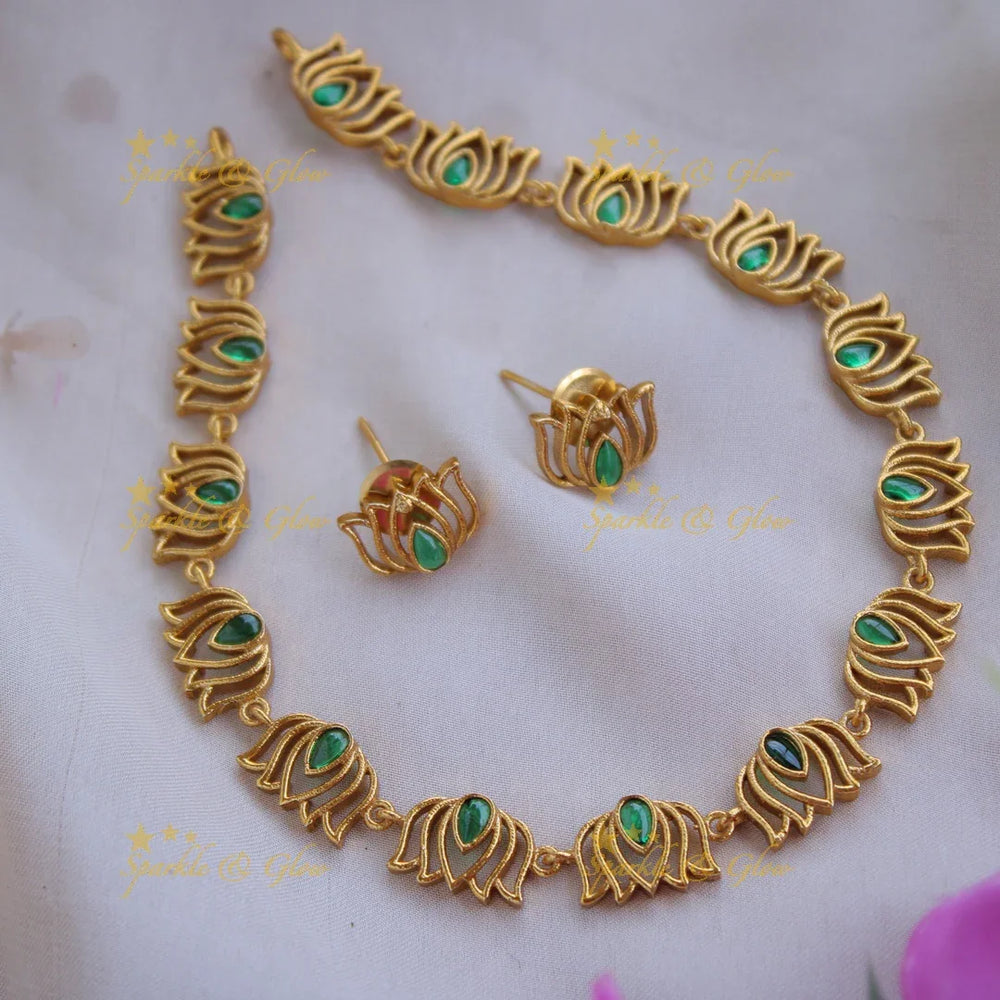 Elegant Premium Matt Lotus design Short Necklace stones pearls - white - Sparkle and Glow