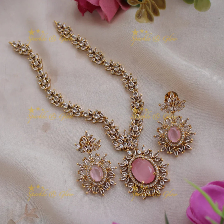 Stunning Flower spike AD short necklace with lite pink colour stone - Sparkle and Glow