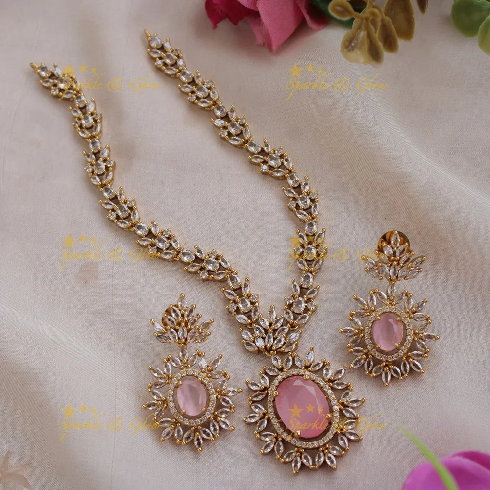 Stunning Flower spike AD short necklace with lite pink colour stone - Sparkle and Glow