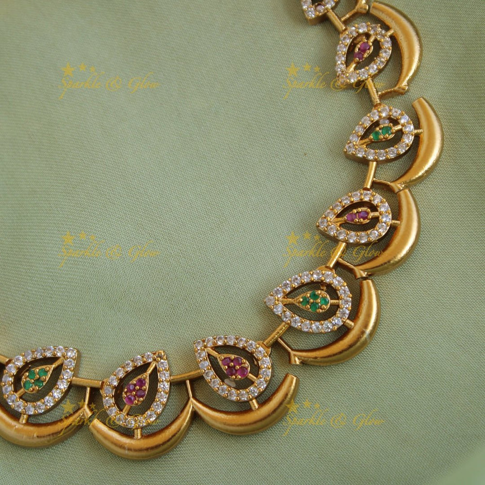 Statement Leaf design AD short necklace with emerald - Sparkle and Glow - Back Thread - 