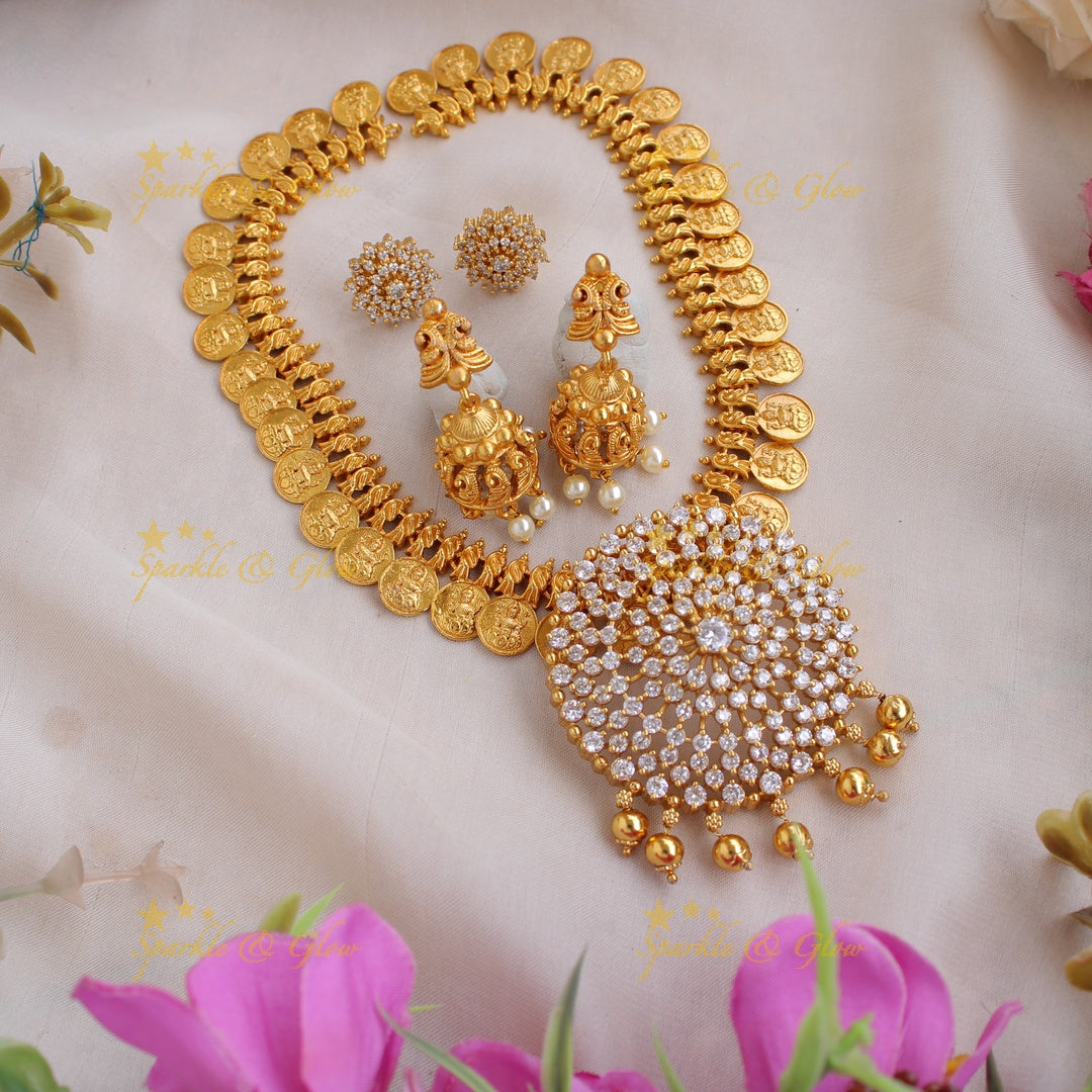 Gorgeous Premium Matt coin Short Necklace with floral AD pendent