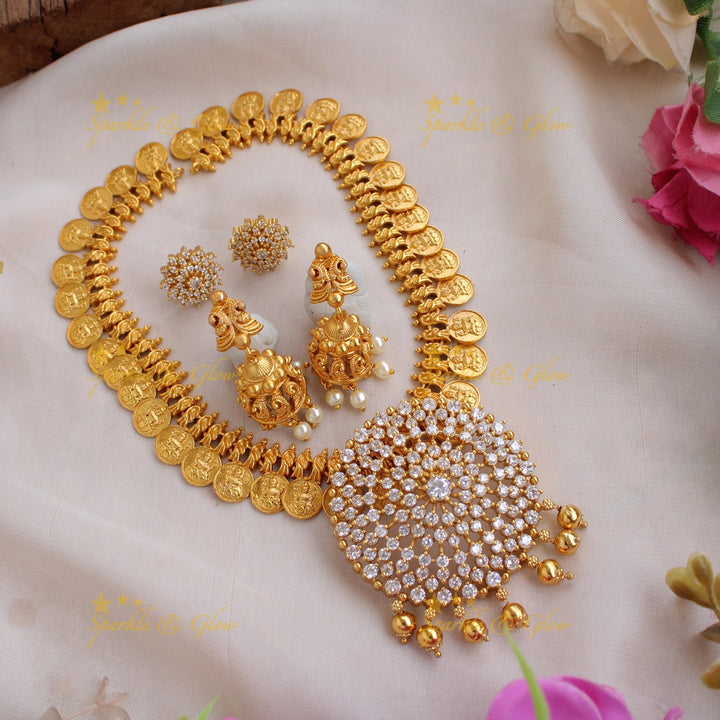 Gorgeous Premium Matt coin Short Necklace with floral AD pendent