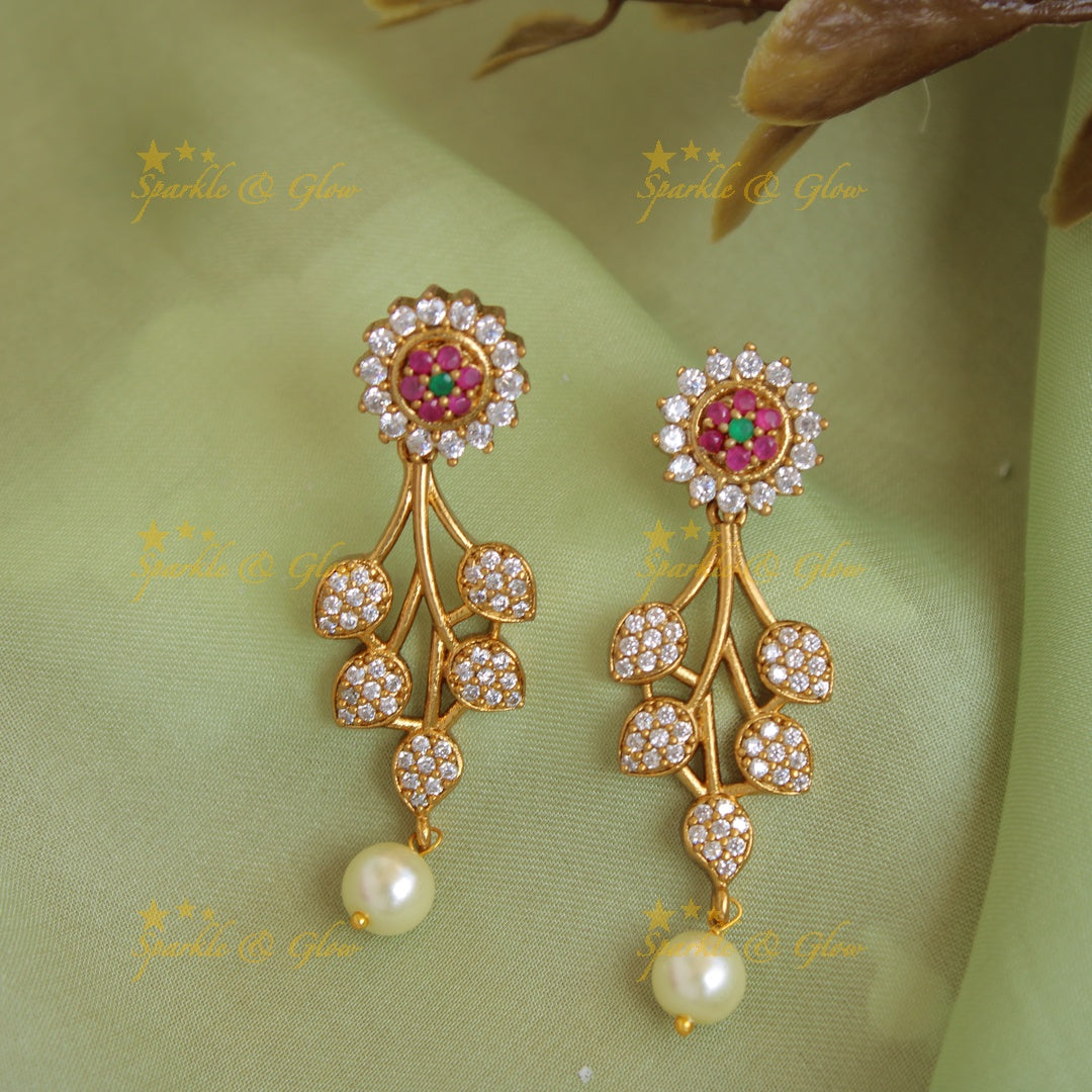 Beautiful Floral leaf design AD short necklace with ruby and pearl drops