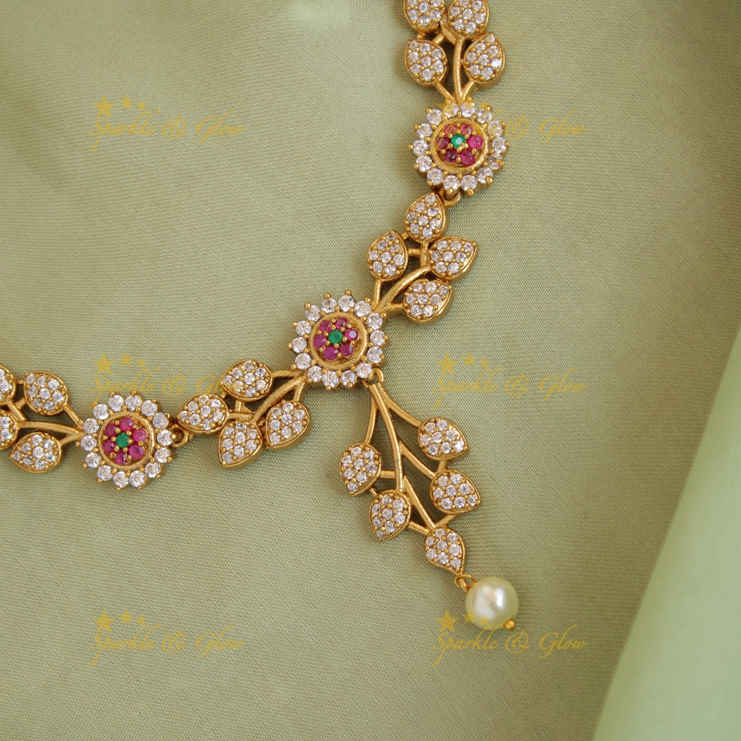 Beautiful Floral leaf design AD short necklace with ruby and pearl drops