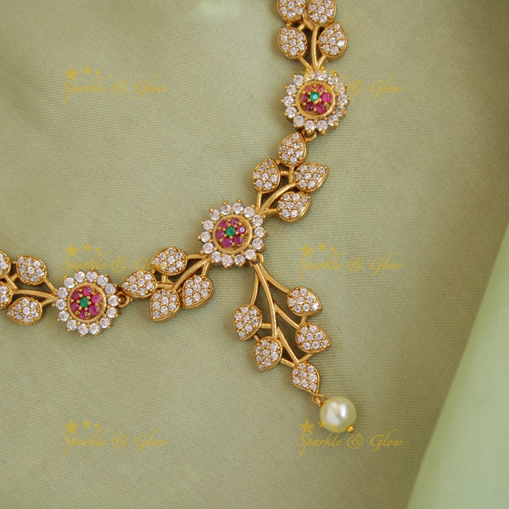 Beautiful Floral leaf design AD short necklace with ruby and pearl drops