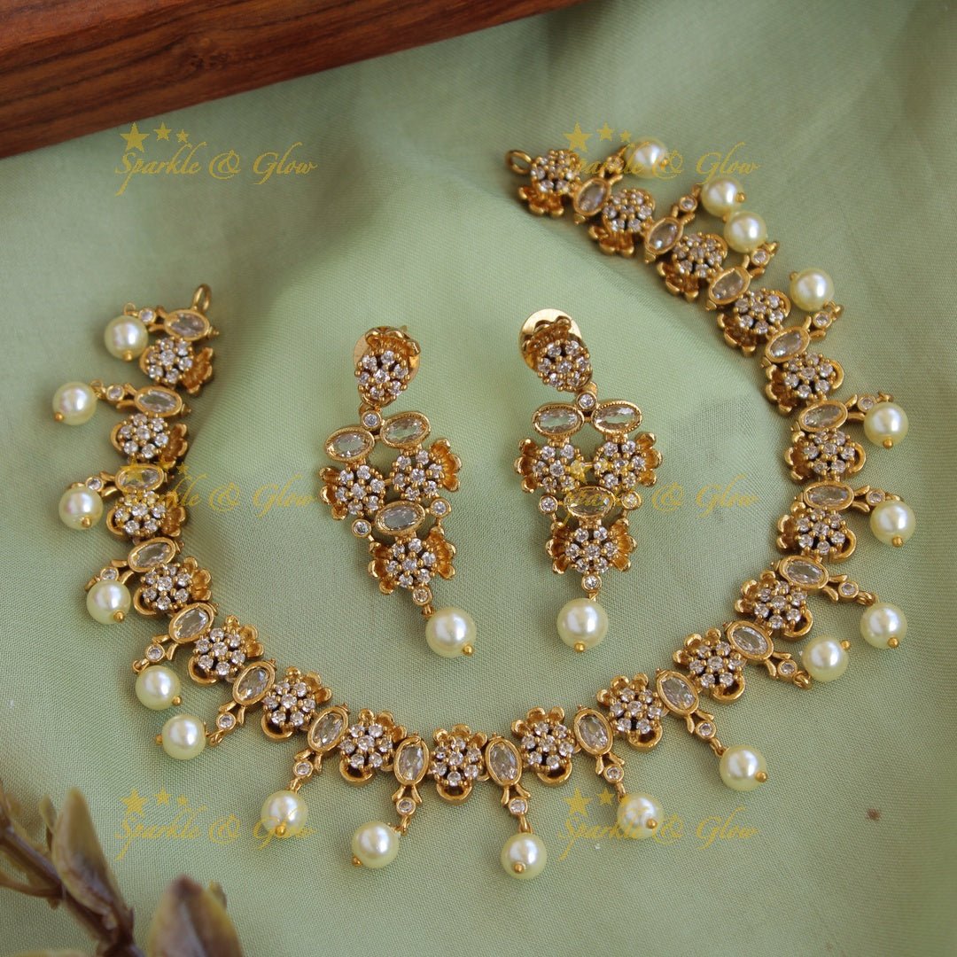 Stunning Floral design AD short necklace with pearl drops - Sparkle and Glow - Back Thread - 