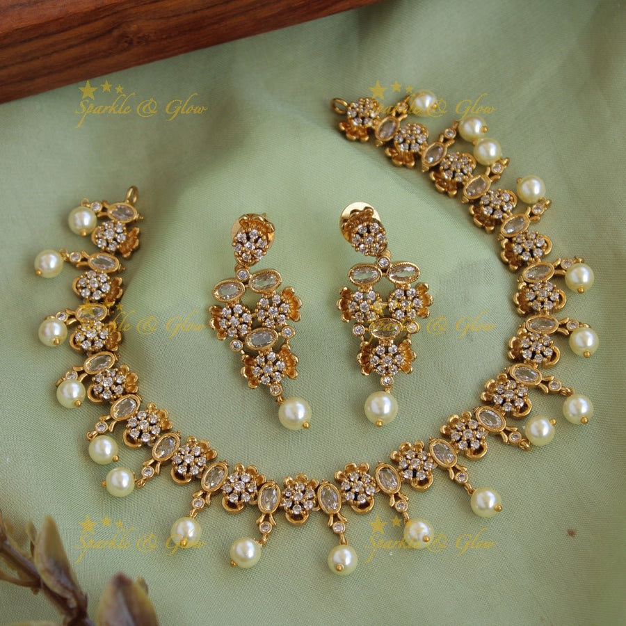 Stunning Floral design AD short necklace with pearl drops - Sparkle and Glow - Back Thread - 