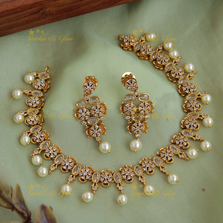 Stunning Floral design AD short necklace with ruby emerald and pearl drops - multi