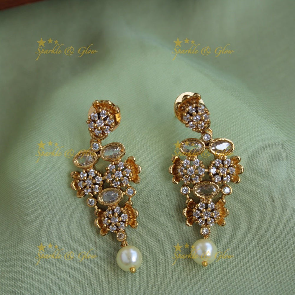 Stunning Floral design AD short necklace with pearl drops - Sparkle and Glow - Back Thread - 