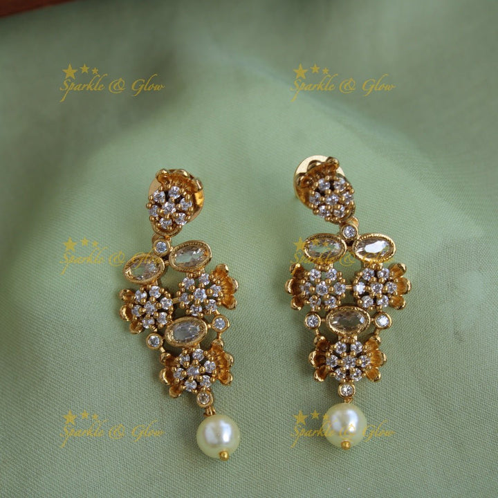 Stunning Floral design AD short necklace with pearl drops - Sparkle and Glow - Back Thread - 