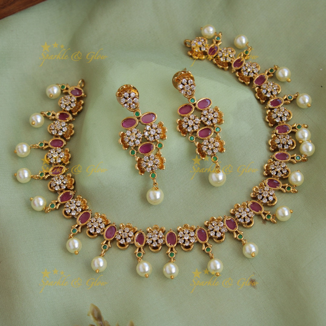 Stunning Floral design AD short necklace with ruby emerald and pearl drops - multi