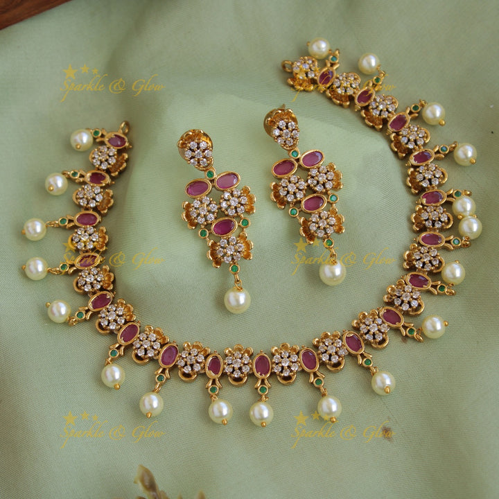 Stunning Floral design AD short necklace with ruby emerald and pearl drops - multi