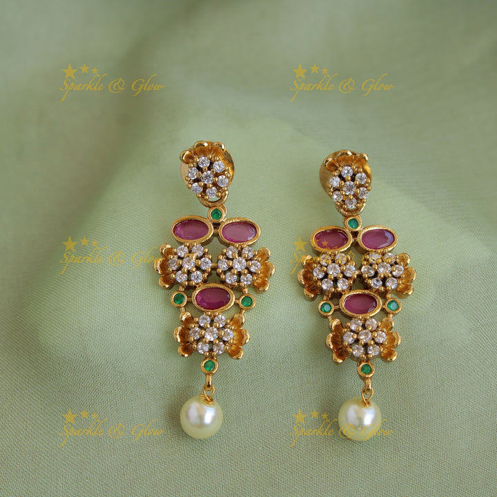 Stunning Floral design AD short necklace with ruby emerald and pearl drops - multi