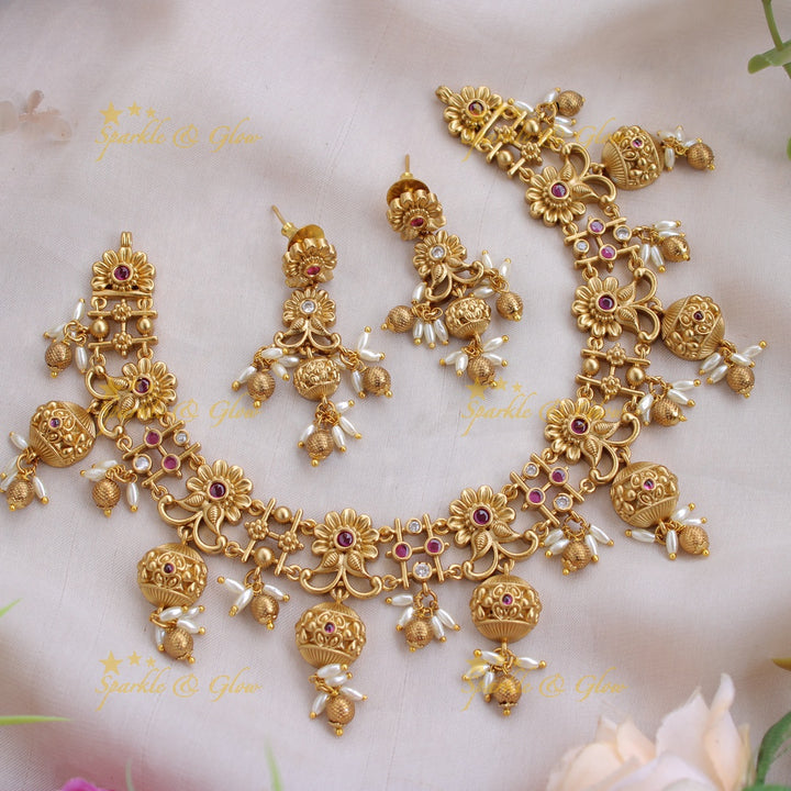 Elegant Premium Matt floral Short Necklace with rice pearls and gold beads
