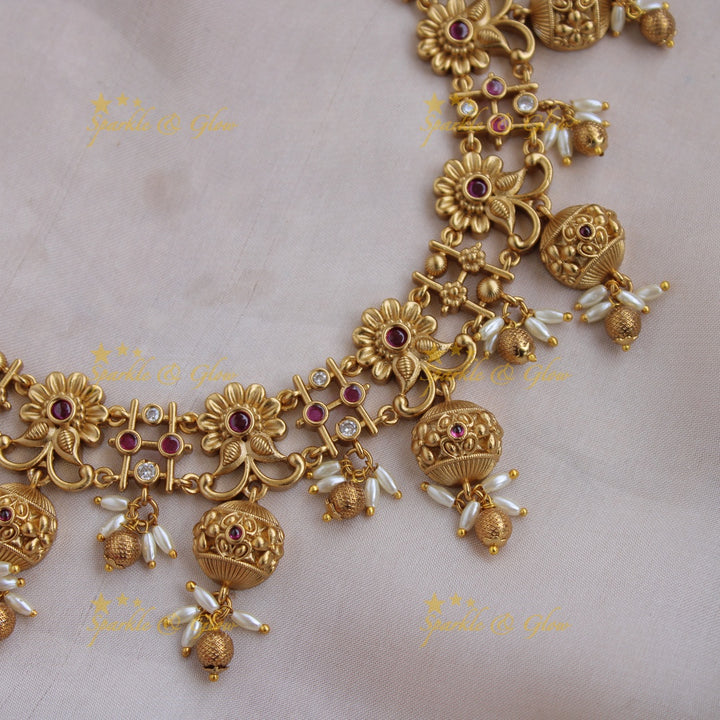 Elegant Premium Matt floral Short Necklace with rice pearls and gold beads