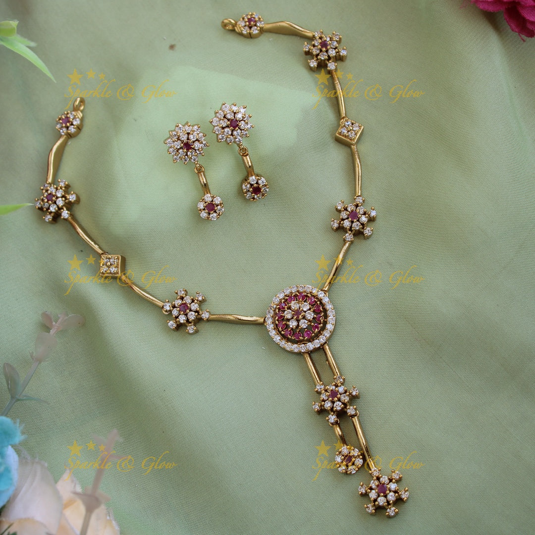 Beautiful unique Floral design AD short necklace with ruby and flower drop