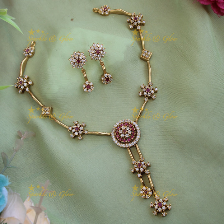 Beautiful unique Floral design AD short necklace with ruby and flower drop