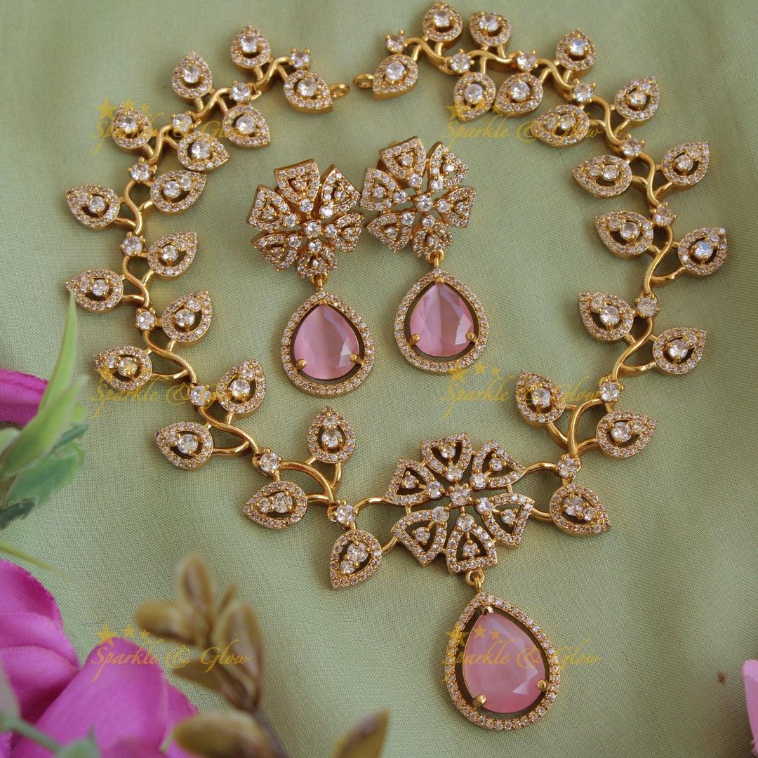 Exclusive floral leaf design AD short necklace with stone drop - sea blue