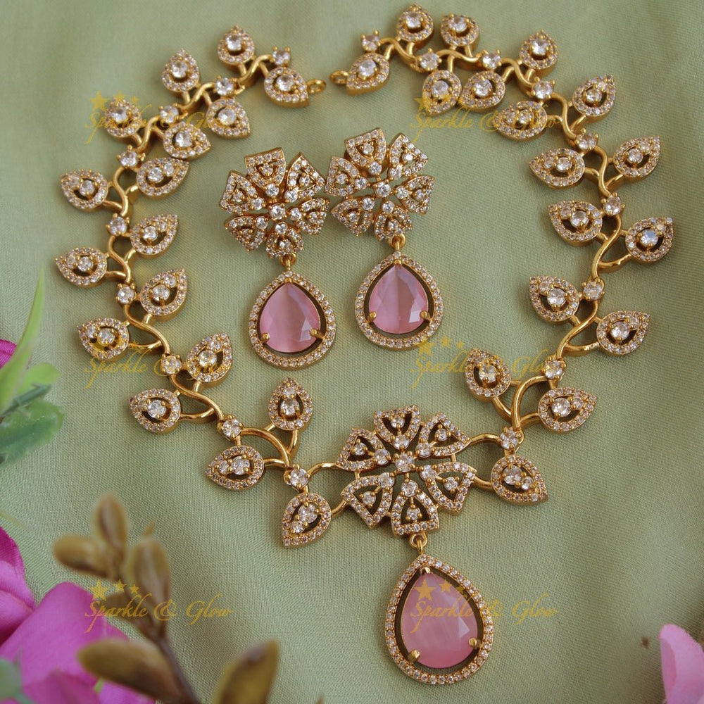 Exclusive floral leaf design AD short necklace with stone drop - Sparkle and Glow - Back Thread - 