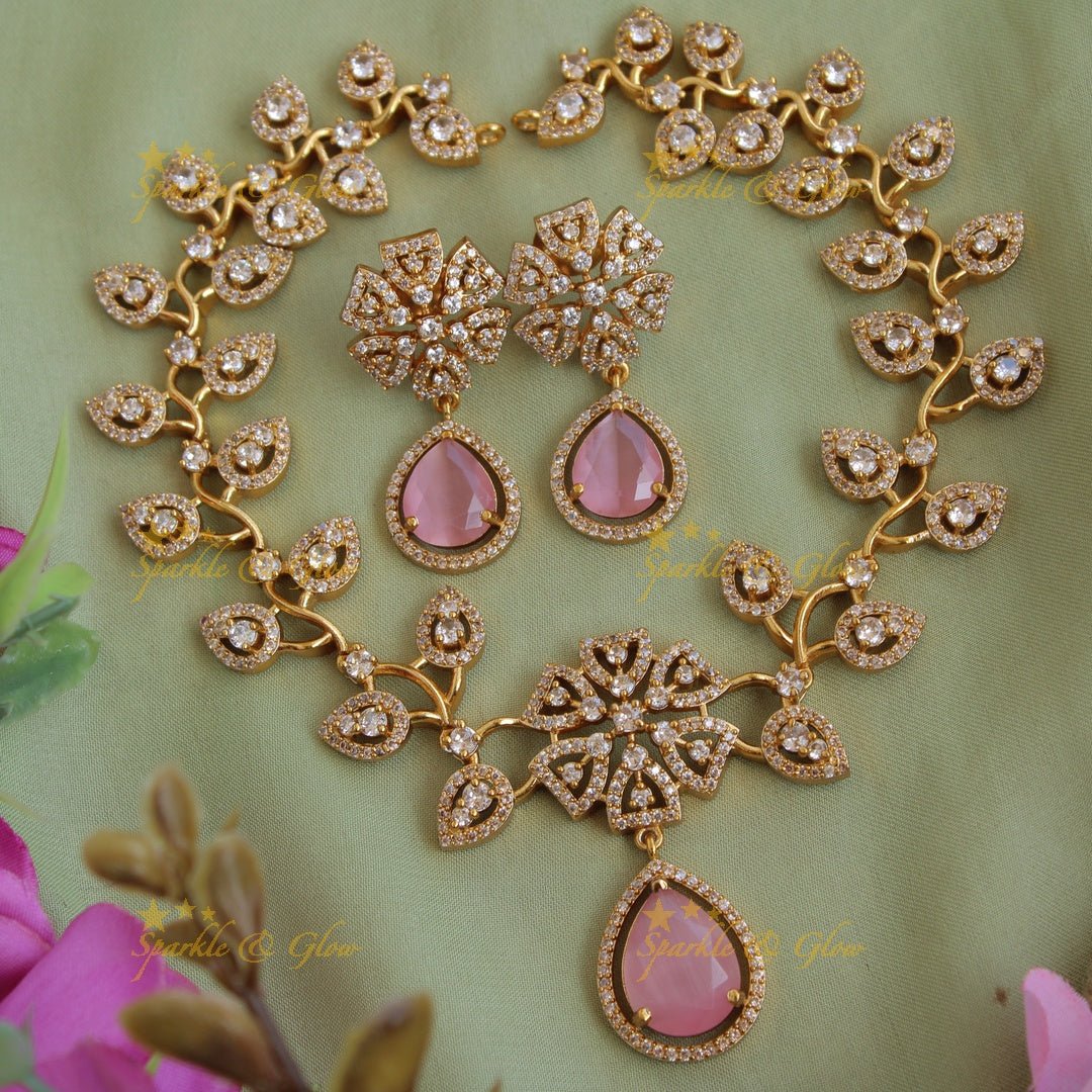 Exclusive floral leaf design AD short necklace with stone drop - Sparkle and Glow - Back Thread - 