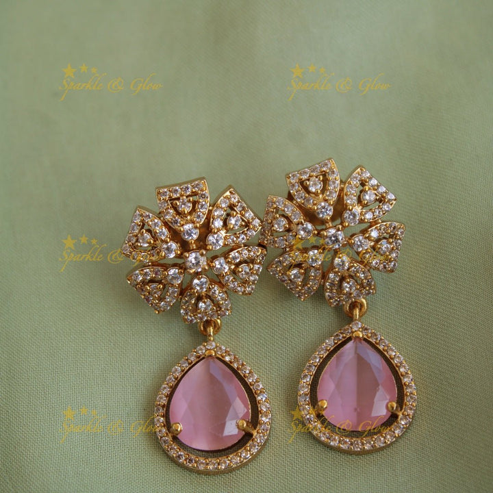 Exclusive floral leaf design AD short necklace with stone drop - Sparkle and Glow - Back Thread - 