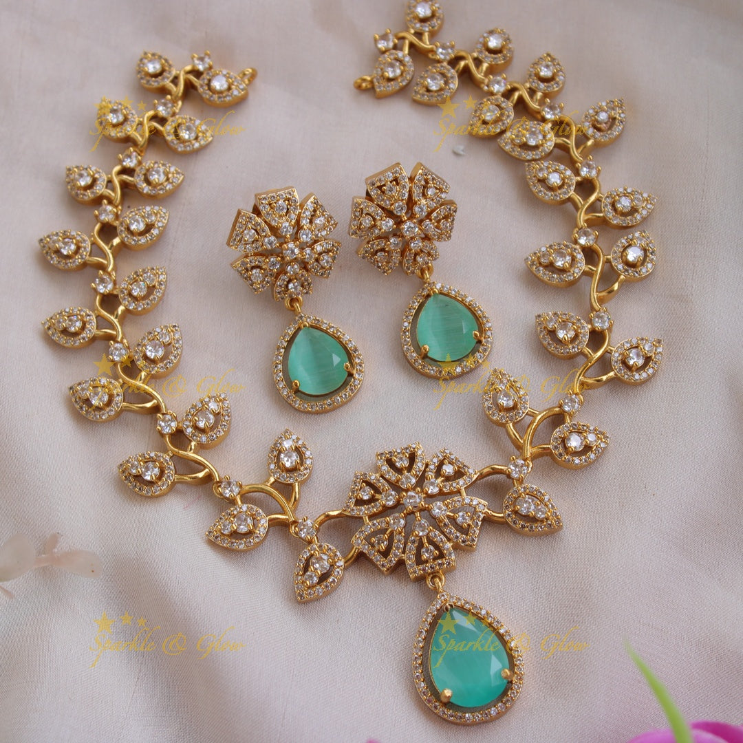 Exclusive floral leaf design AD short necklace with stone drop - sea blue