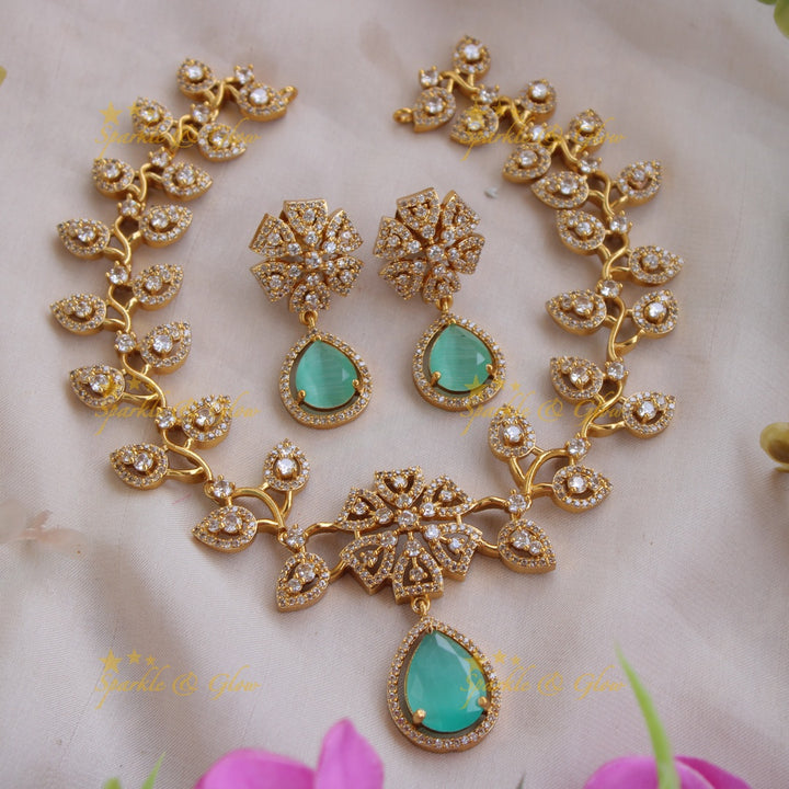 Exclusive floral leaf design AD short necklace with stone drop - sea blue