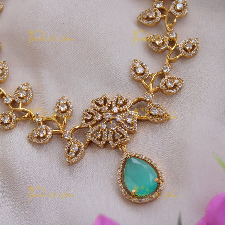 Exclusive floral leaf design AD short necklace with stone drop - sea blue