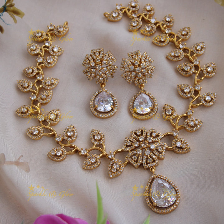 Exclusive floral leaf design AD short necklace with stone drop - white