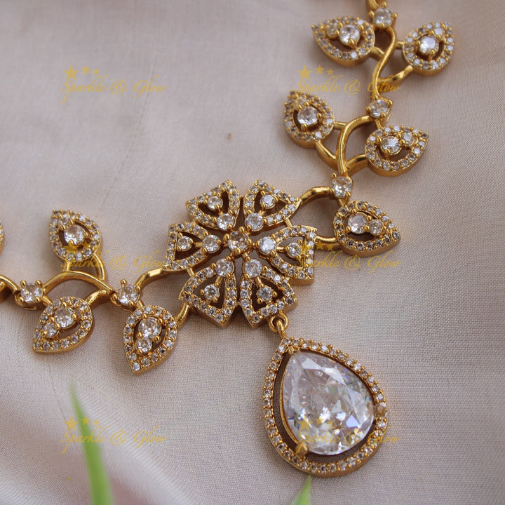 Exclusive floral leaf design AD short necklace with stone drop - white