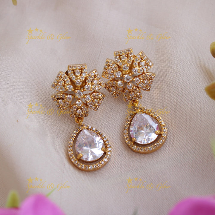 Exclusive floral leaf design AD short necklace with stone drop - white