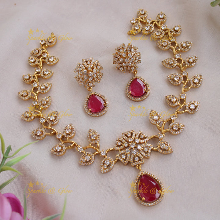 Exclusive floral leaf design AD short necklace with stone drop - red