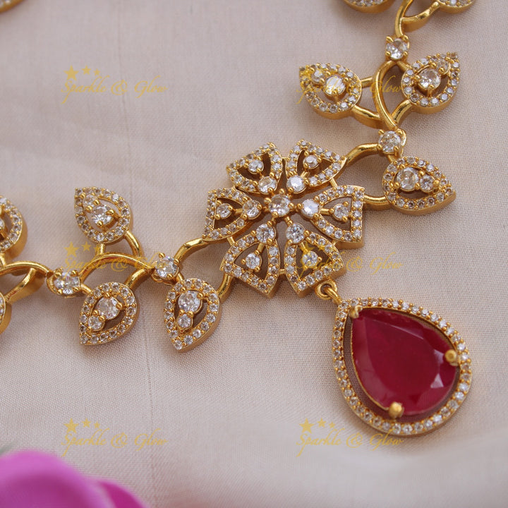 Exclusive floral leaf design AD short necklace with stone drop - red