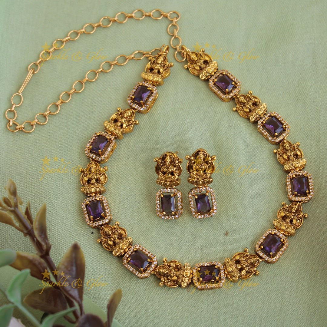 Statement Lakshmi carved AD short necklace with purple stones - Sparkle and Glow - Back Thread - 