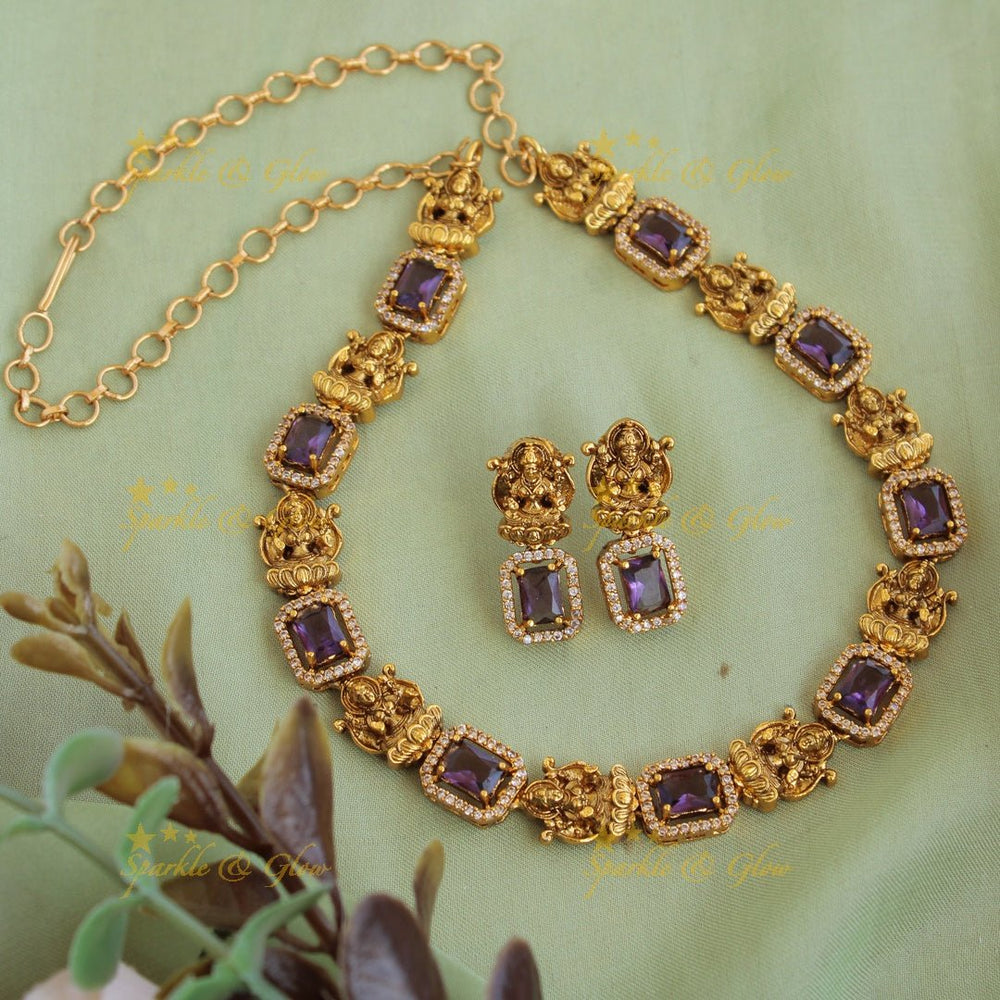 Statement Lakshmi carved AD short necklace with purple stones - Sparkle and Glow - Back Thread - 