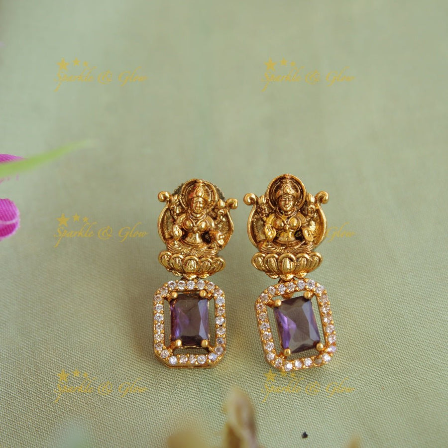 Statement Lakshmi carved AD short necklace with purple stones - Sparkle and Glow - Back Thread - 