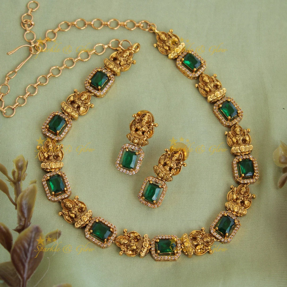 Statement Lakshmi carved AD short necklace with mint green stones - Sparkle and Glow