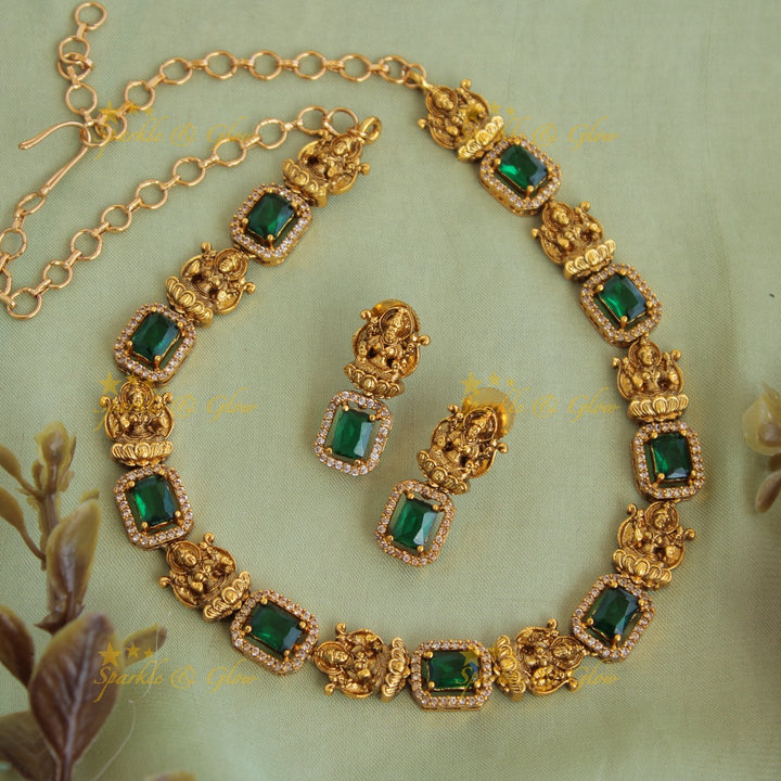 Statement Lakshmi carved  AD short necklace with mint green stones