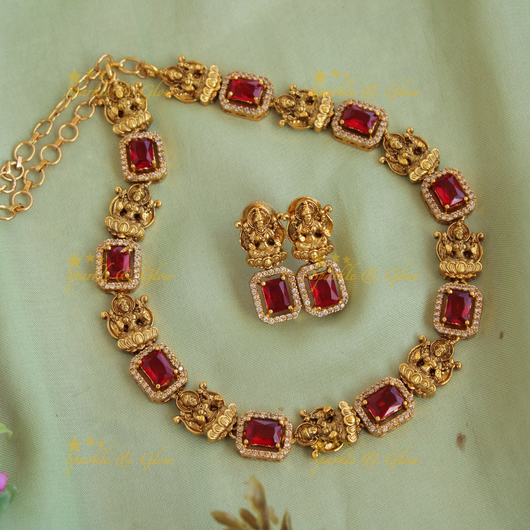 Statement Lakshmi carved  AD short necklace with baby pink stones