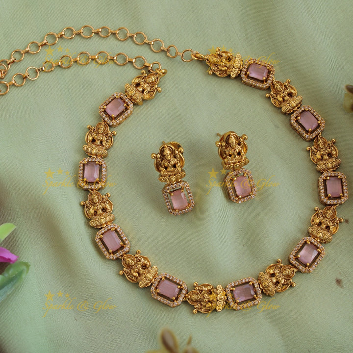 Statement Lakshmi carved  AD short necklace with baby pink stones