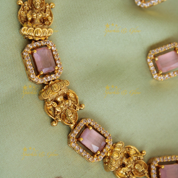 Statement Lakshmi carved  AD short necklace with baby pink stones