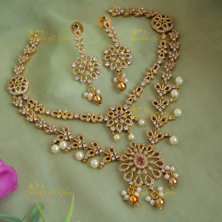 Beautiful floral two layer AD short necklace with pearls and gold beads