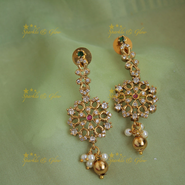 Beautiful floral two layer AD short necklace with pearls and gold beads