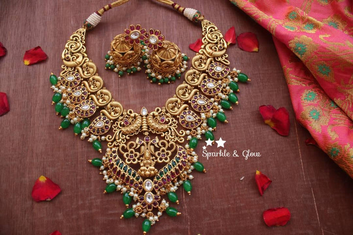 Gold alike polished peacock style grand nagas necklace with pink beads and gutta pusalu - Sparkle and Glow
