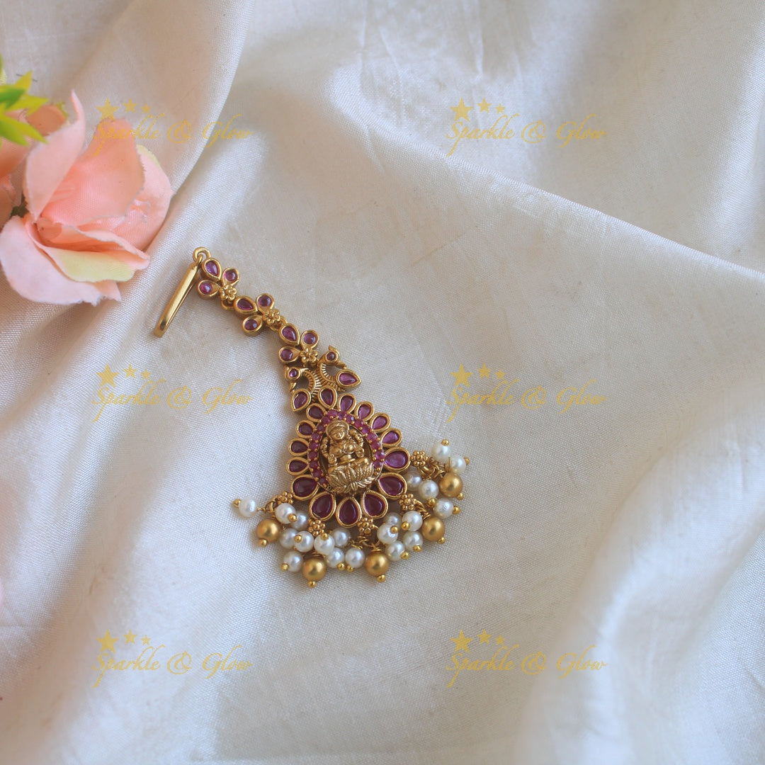 Stunning Lakshmi peacock maang tikka with CZ stones ruby emerald pearls and gold beads