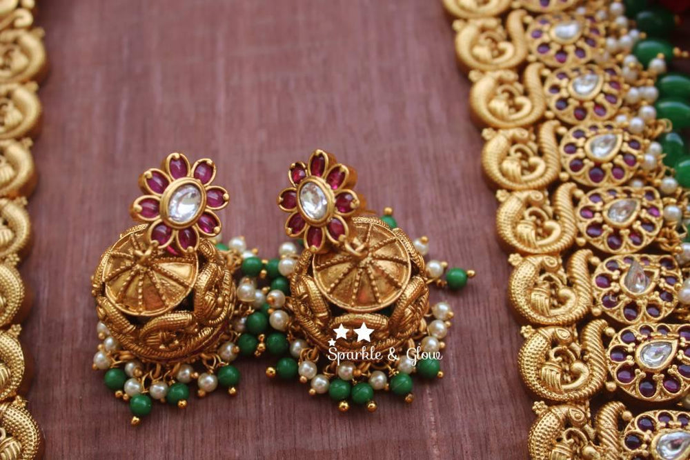 Gold alike polished peacock style grand nagas haram with green and gutta pusalu - Sparkle and Glow