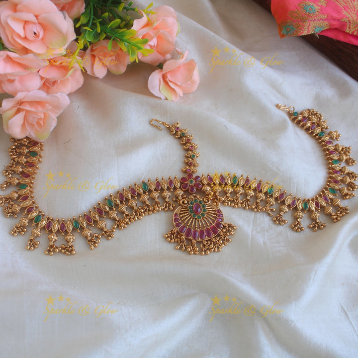 Grand intricate Floral half moon kemp stone three side bridal maang tikka